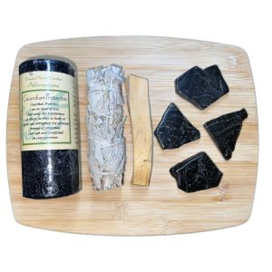 Product Image and Link for Home Protection Kit with Sage Stick, Palo Santo Stick, Protection Candle, and 4 Black Tourmaline Polished Slabs