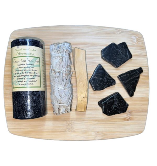 Product Image and Link for Home Protection Kit with Sage Stick, Palo Santo Stick, Protection Candle, and 4 Black Tourmaline Polished Slabs