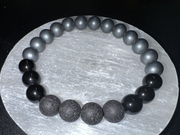 Product Image and Link for PROTECTION – Essential Oil Diffuser Crystal Beaded Elastic Bracelet with Genuine Black Onyx, Hematite Crystal Beads and Lava Stones