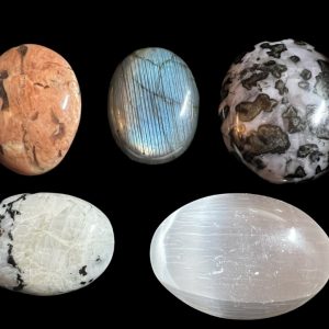 Product Image and Link for The Intuition Kit with 5 Polished Palm Stones in: Peach Graphic Moonstone, Labradorite, Indigo Gabbro (Mystic Merlinite), Rainbow Moonstone, & Selenite!