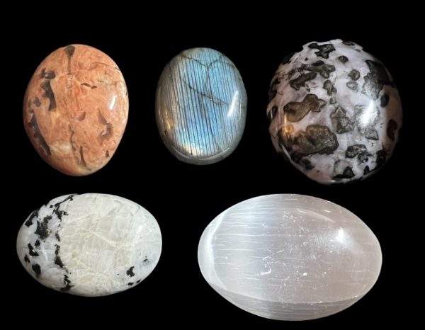 Product Image and Link for The Intuition Kit with 5 Polished Palm Stones in: Peach Graphic Moonstone, Labradorite, Indigo Gabbro (Mystic Merlinite), Rainbow Moonstone, & Selenite!