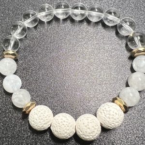Product Image and Link for Divine Feminine – Essential Oil Diffuser Crystal Beaded Elastic Bracelet with Genuine Rainbow Moonstone, Clear Quartz & Lava Stone beads