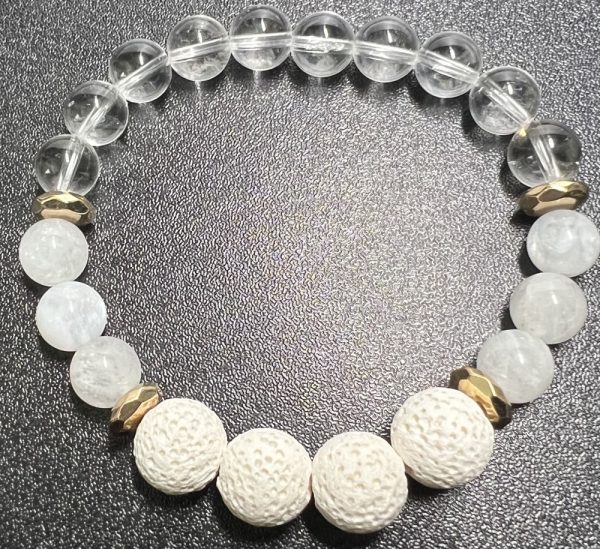 Product Image and Link for Divine Feminine – Essential Oil Diffuser Crystal Beaded Elastic Bracelet with Genuine Rainbow Moonstone, Clear Quartz & Lava Stone beads