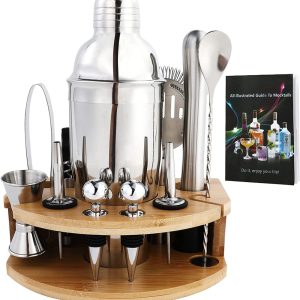 Product Image and Link for 12 Piece Stainless Steel Bartender Kit with Bamboo Stand & Cocktail Recipes Booklet for Drink Mixing,