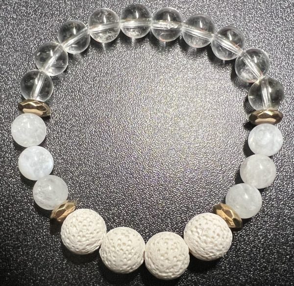 Product Image and Link for Divine Feminine – Essential Oil Diffuser Crystal Beaded Elastic Bracelet with Genuine Rainbow Moonstone, Clear Quartz & Lava Stone beads