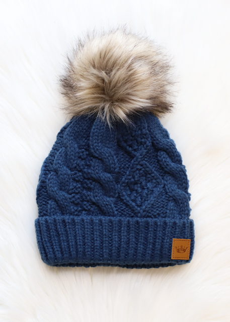 Product Image and Link for Kids Slate Blue Cable Knit Pom Hat