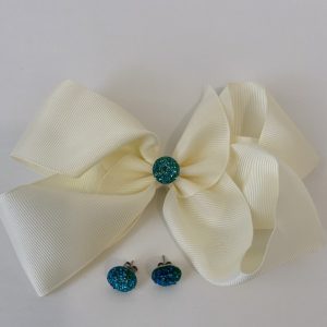 Product Image and Link for Off-White 6″Bow with Turquoise Gumdrop Round Glittery Matching Earrings