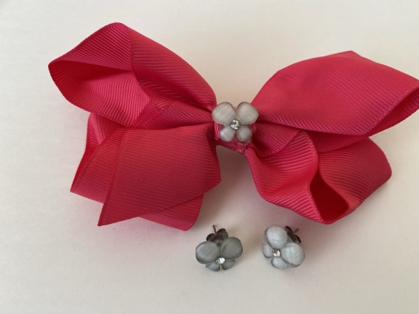 Product Image and Link for Pink 4″ Bow with Matching Gray Butterfly Dainty Earring