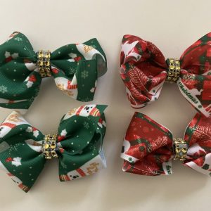 Product Image and Link for 4- Piece Christmas 3″ Red/Dark Green Bows with Gold Rhinestone Center