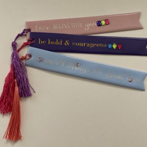 Product Image and Link for 3-Piece Puffy Bookmarks w/rhinestones and encouraging words
