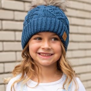 Product Image and Link for Kids Slate Blue Cable Knit Pom Hat