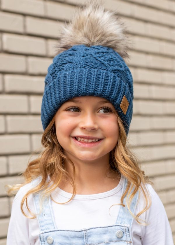 Product Image and Link for Kids Slate Blue Cable Knit Pom Hat