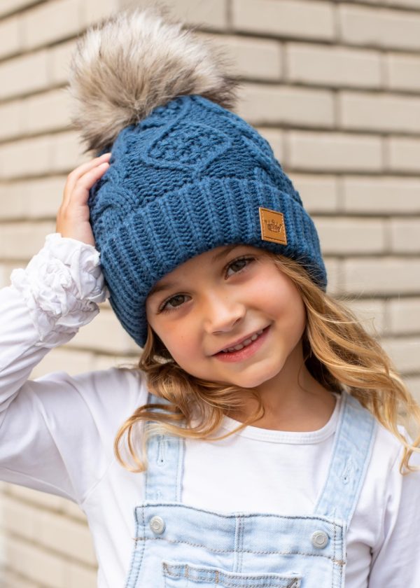 Product Image and Link for Kids Slate Blue Cable Knit Pom Hat