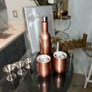 Product Image and Link for Rose Shimmer Gold-Wine Tumbler and Bottle Gift Set | Insulated 750ml Bottle and 2 12oz Stemless Glass Cups with Lid