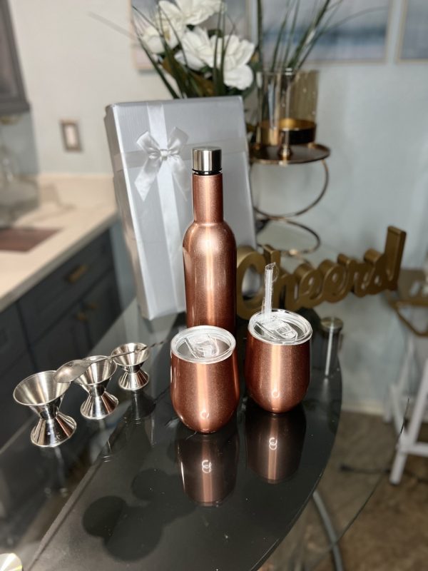 Product Image and Link for Rose Shimmer Gold-Wine Tumbler and Bottle Gift Set | Insulated 750ml Bottle and 2 12oz Stemless Glass Cups with Lid