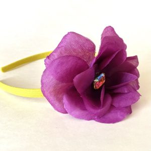 Product Image and Link for Yellow Headband with Purple Flower and Pearlescent Jewel Center