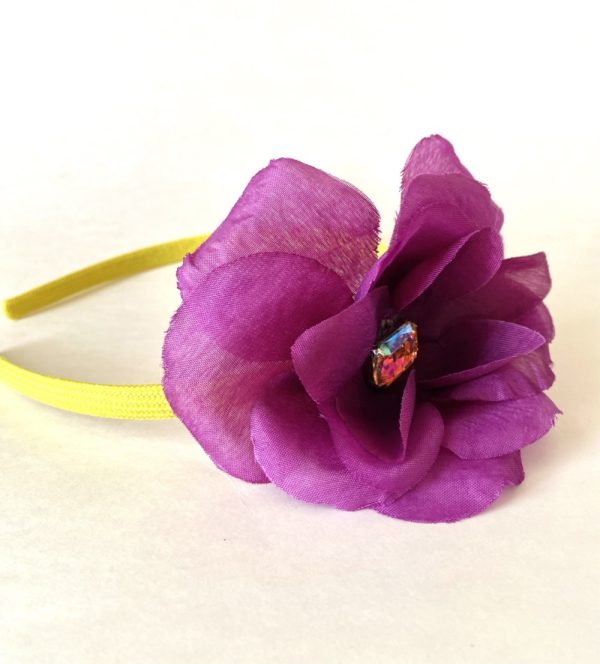 Product Image and Link for Yellow Headband with Purple Flower and Pearlescent Jewel Center