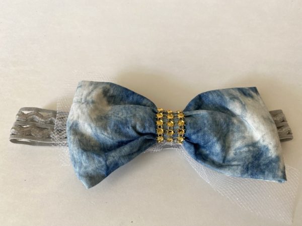 Product Image and Link for Stretchy Elastic headband With Denim Bow Gold Rhinestone center