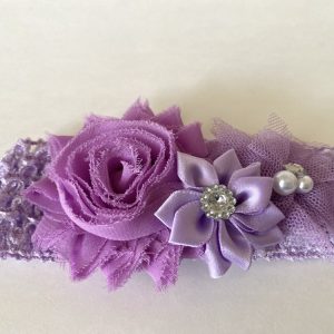 Product Image and Link for Infant/Toddler Soft Stretchy Lavender Crotchet Headband W/ Pretty Satin & Fabric Flowers Bow