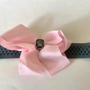 Product Image and Link for Gray Stretchy Headband with Soft Pink Bow with Gray Jewel Center