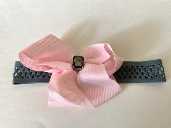Product Image and Link for Gray Stretchy Headband with Soft Pink Bow with Gray Jewel Center