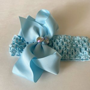 Product Image and Link for Soft Pastel Blue Bow Rhinestone Center Crochet Headband