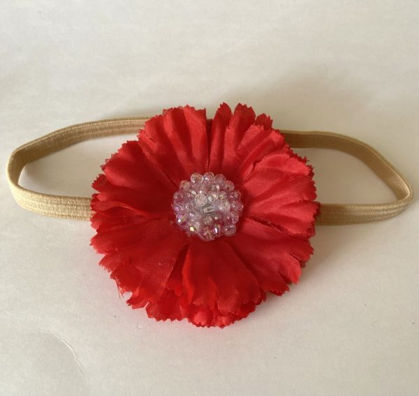 Product Image and Link for Stretchy Girl Headband W/Red Flower jeweled Bead Center