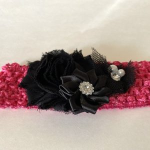Product Image and Link for Infant/Toddler Soft Stretchy Pink Crotchet Headband W/ Pretty Satin & Fabric Flowers Bow