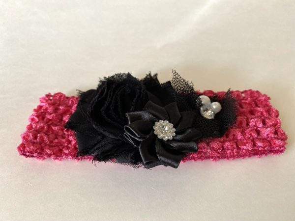 Product Image and Link for Infant/Toddler Soft Stretchy Pink Crotchet Headband W/ Pretty Satin & Fabric Flowers Bow
