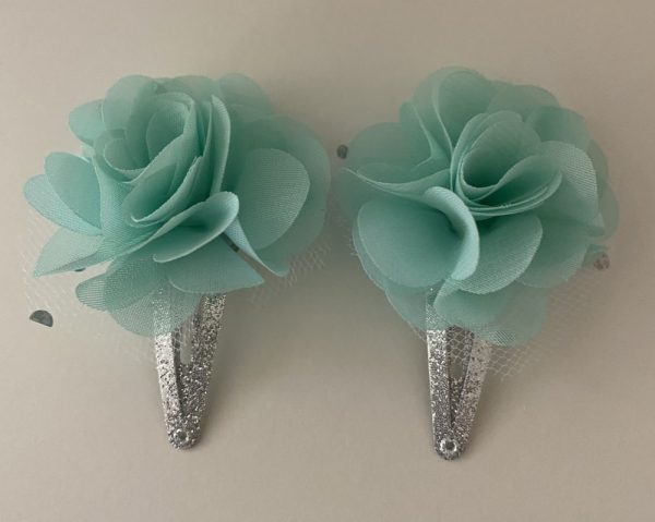 Product Image and Link for 4 -Piece Chiffon Lavender & Green Flowers Metal Snap Hair Barrettes