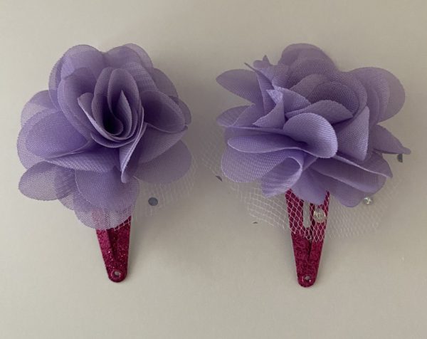 Product Image and Link for 4 -Piece Chiffon Lavender & Green Flowers Metal Snap Hair Barrettes