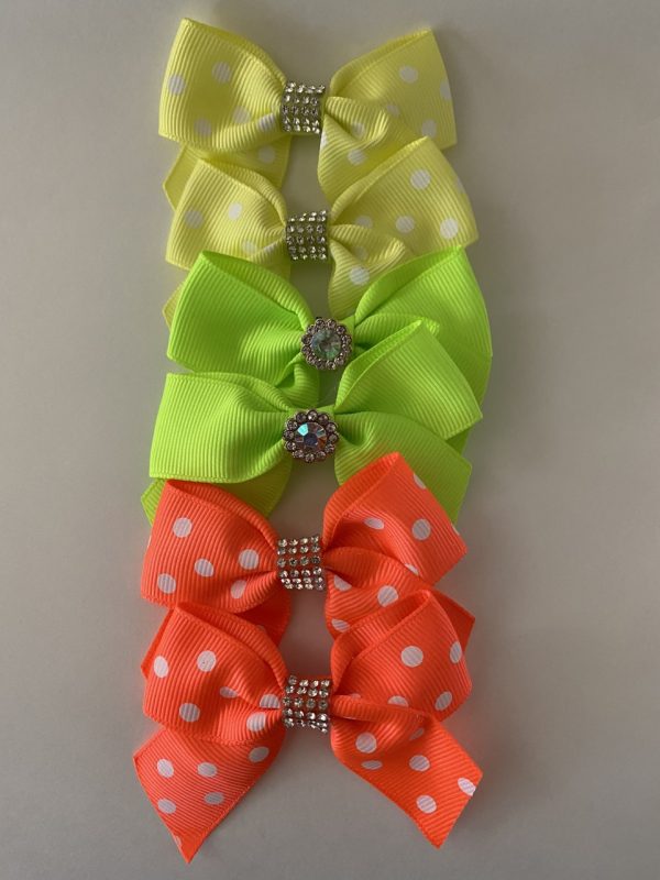 Product Image and Link for 6- Piece Assorted Polka Dot & Solid Color 2″ Bows W/Little Rhinestone In the Center