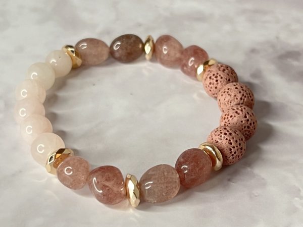 Product Image and Link for PASSION – Essential Oil Diffuser Crystal Beaded Elastic Bracelet with Genuine Strawberry Quartz, Rose Quartz Crystal Beads and Lava Stones