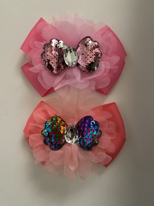 Product Image and Link for 2-Piece 6 ” Pink & Coral Bow with Sequined and Big Jewel Center