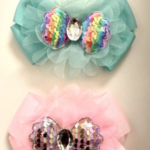 Product Image and Link for 2-Piece 6″ Soft Turquoise & Pink Colored Bows with Sequined Bow and Big Jewel Center