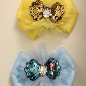 Product Image and Link for 2-Piece 6″ Sunshine Yellow & Baby Blue Bows with Sequined Bow and Big Jewel Center