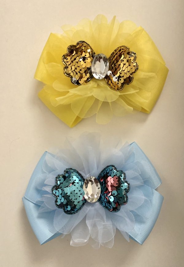 Product Image and Link for 2-Piece 6″ Sunshine Yellow & Baby Blue Bows with Sequined Bow and Big Jewel Center