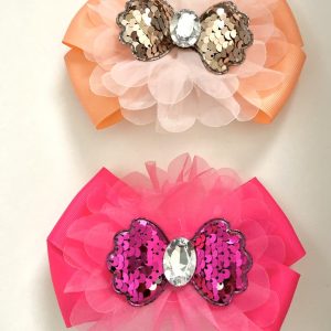 Product Image and Link for 2-Piece 6″ Orange & Pink Sherbet Colored Bows with Sequined Bow and Big Jewel Center