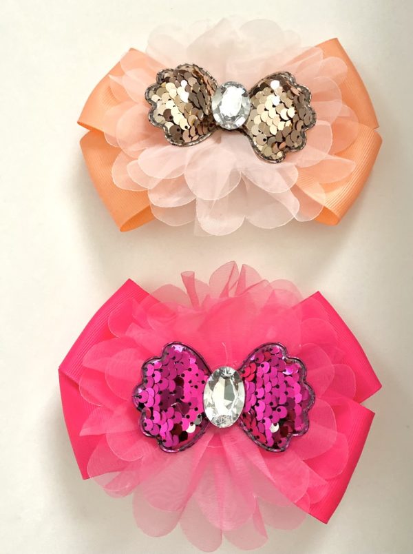 Product Image and Link for 2-Piece 6″ Orange & Pink Sherbet Colored Bows with Sequined Bow and Big Jewel Center