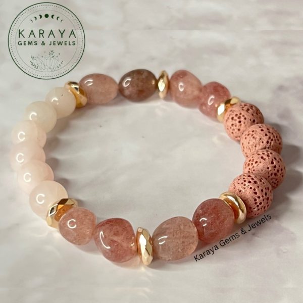 Product Image and Link for PASSION – Essential Oil Diffuser Crystal Beaded Elastic Bracelet with Genuine Strawberry Quartz, Rose Quartz Crystal Beads and Lava Stones