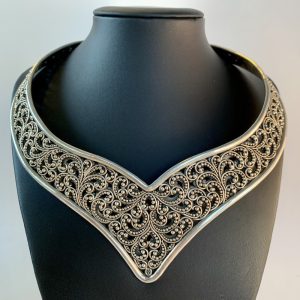 Product Image and Link for Lois Hill Sterling Silver Granulated Classic Cut Out Swirl Chevron Cuff Necklace
