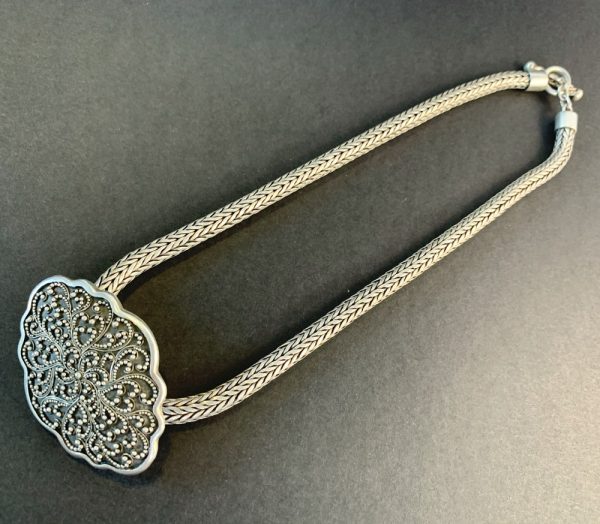 Product Image and Link for Lois Hill Sterling Silver Granulated Scroll Scalloped Brooch Pendant Necklace