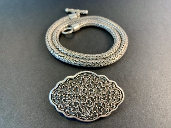 Product Image and Link for Lois Hill Sterling Silver Granulated Scroll Scalloped Brooch Pendant Necklace