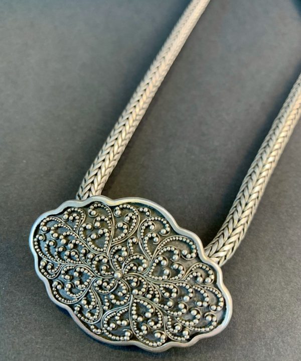 Product Image and Link for Lois Hill Sterling Silver Granulated Scroll Scalloped Brooch Pendant Necklace