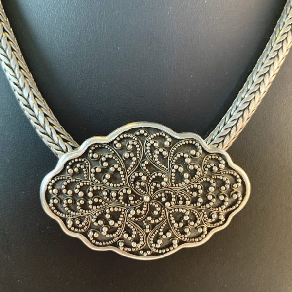 Product Image and Link for Lois Hill Sterling Silver Granulated Scroll Scalloped Brooch Pendant Necklace