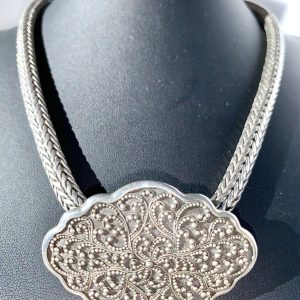 Product Image and Link for Lois Hill Sterling Silver Granulated Scroll Scalloped Brooch Pendant Necklace