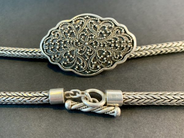 Product Image and Link for Lois Hill Sterling Silver Granulated Scroll Scalloped Brooch Pendant Necklace