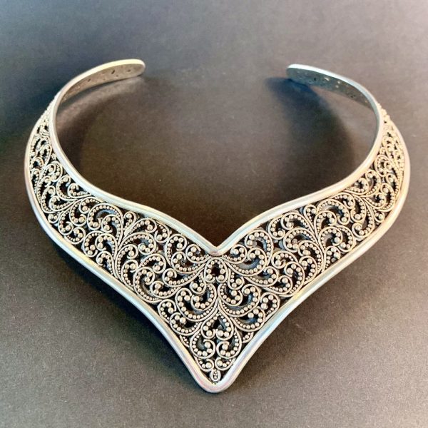 Product Image and Link for Lois Hill Sterling Silver Granulated Classic Cut Out Swirl Chevron Cuff Necklace