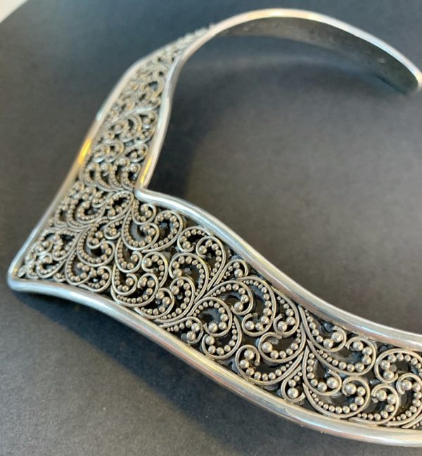Product Image and Link for Lois Hill Sterling Silver Granulated Classic Cut Out Swirl Chevron Cuff Necklace