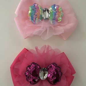 Product Image and Link for 2-Piece 6″ Baby Pink & Hot Pink Bows with Sequined Bow and Big Jewel Center
